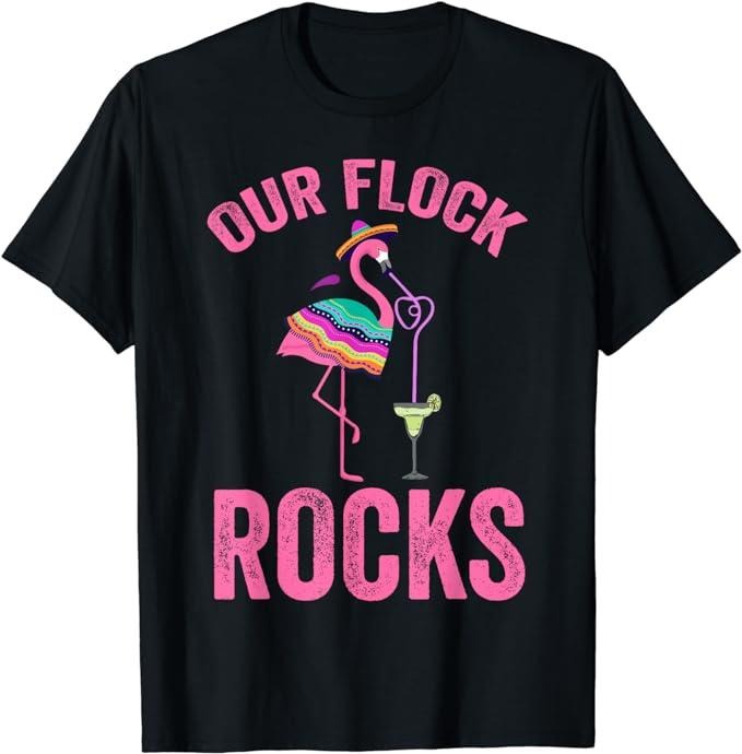 Funny Vacation Shirt, Our Flock Rocks Cute Flamingo Matching Family Vacation Group T-Shirt Menswear Casual Cotton