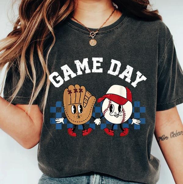 GAMEDAY BALL & GLOVE T-SHIRT, Sports Game Day TShirt, Sports Team Mom Family Tee Womenswear Top