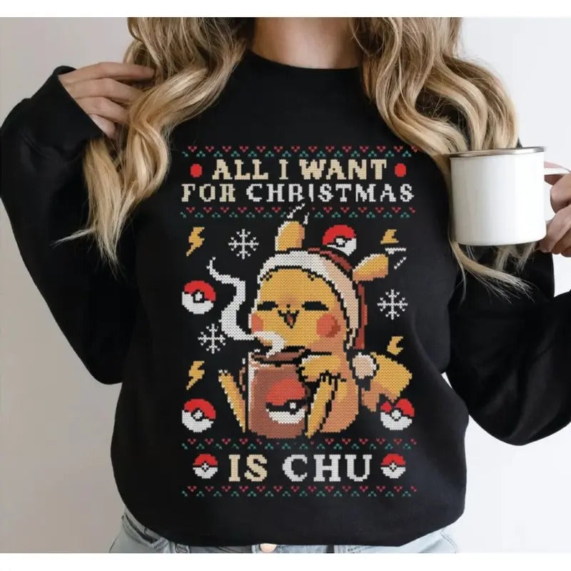 Gamer Kawaii Ugly Christmas Sweater, Coffee And Cute Sweatshirt Gift, Video Game Monster Shirt, All I Want For Christmas Is Chu Eat Sleep, Unisex Sweater Pullover Tee