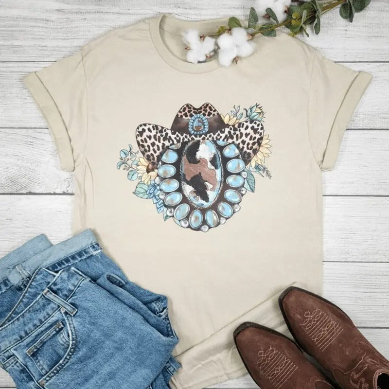 Gemstone With Leopard Cowboy Hat Graphic T-shirt
