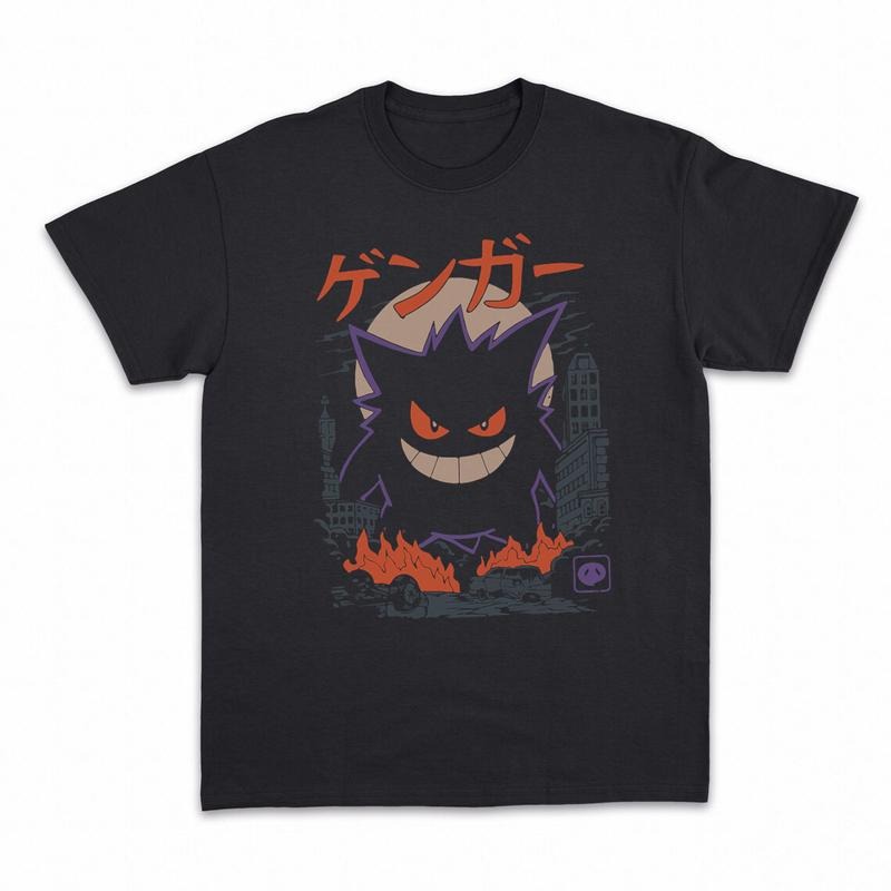 Gengar Shirts, Dark Ghost Kaiju Japanese Style Shirts, Japanese Anime, Science Fiction Japanese Shirts Menswear Top Streetwear Tshirt Casual Round Neck