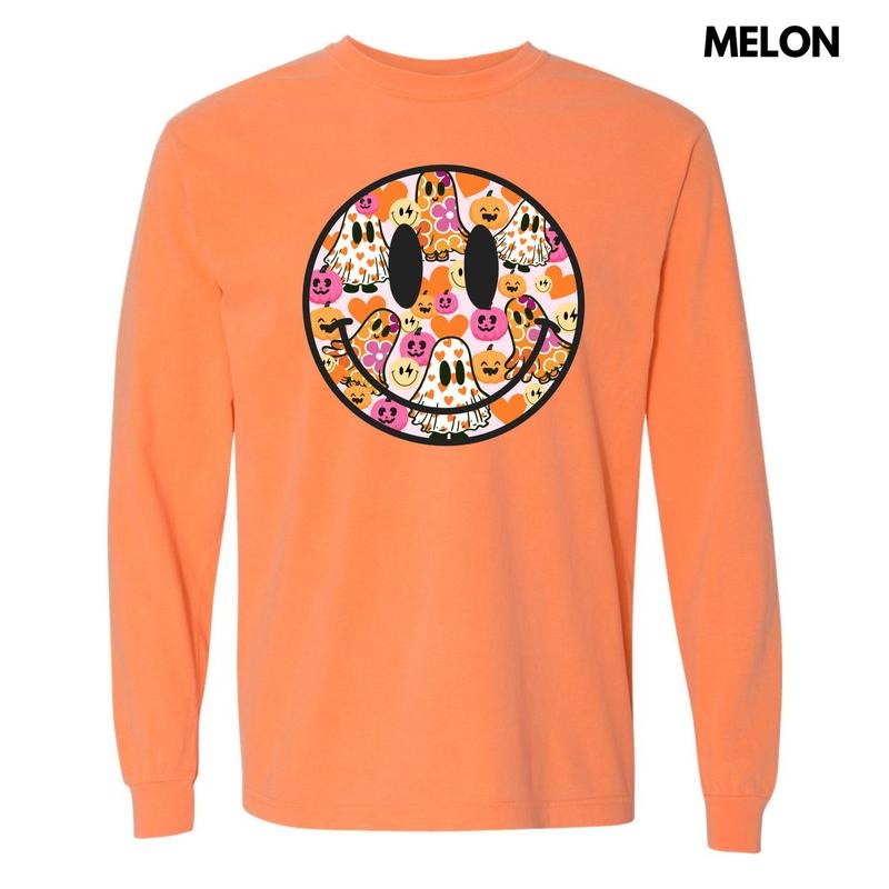 Ghost & Pumpkin Happy Face Long Sleeve Comfort Colors T-Shirt 'NLB'