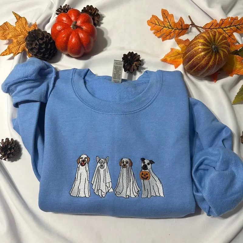 Ghost Dogs embroidered sweatshirt; Halloween embroidered crewneck; Spooky season casual sweaters Casual Plain