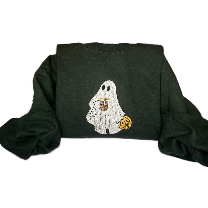 Ghost Embroidered Halloween Sweatshirt with Iced Coffee Design - Comfortable and Soft Cotton Crewneck Top for Women