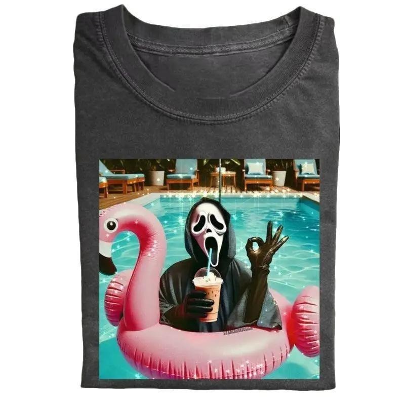 Ghost Face In The Pool Graphic T-shirt Sweater Hoodie, Funny Slay Ghost Face Shirt, Girly Apparel for Womens, Cotton Top Womenswear Lady Casual