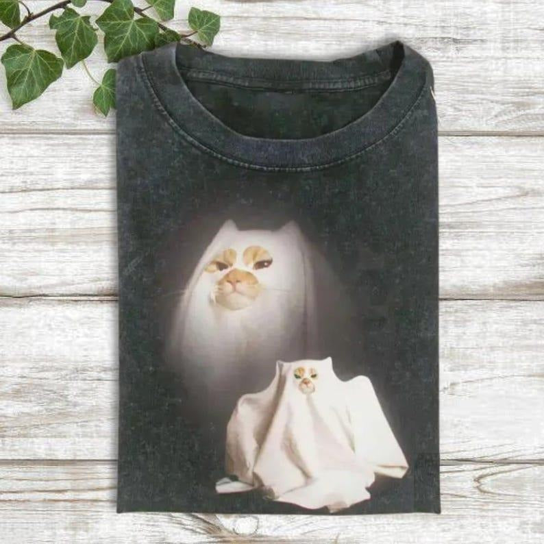 Ghost Kitten Shirt, Vintage Halloween Cat Graphic Tshirt, Funny Meme Cringe Shirt, Cat Halloween Shirt, Spooky Season Cat Tee
