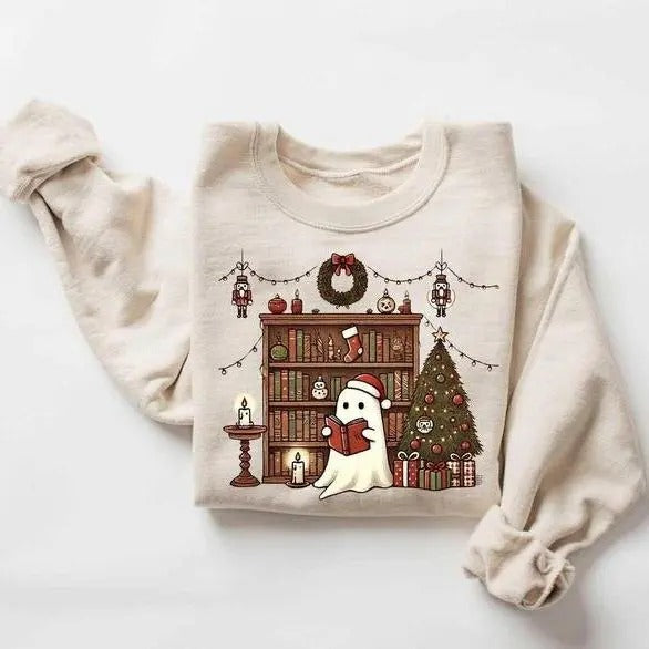 Ghost Reading Books Christmas Sweatshirt, Cute Ghost Xmas Sweatshirt, Librarian Christmas Sweatshirt, Christmas Bookish Gift Sweatshirt, Gift Ideas