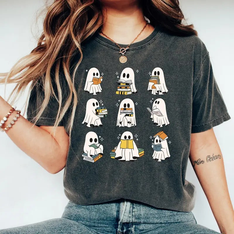 Ghost Reading Books Shirt, Bookish Halloween Shirt Comfort Colors, Teacher Librarian Halloween Gift, Halloween Book Lover, Halloween School