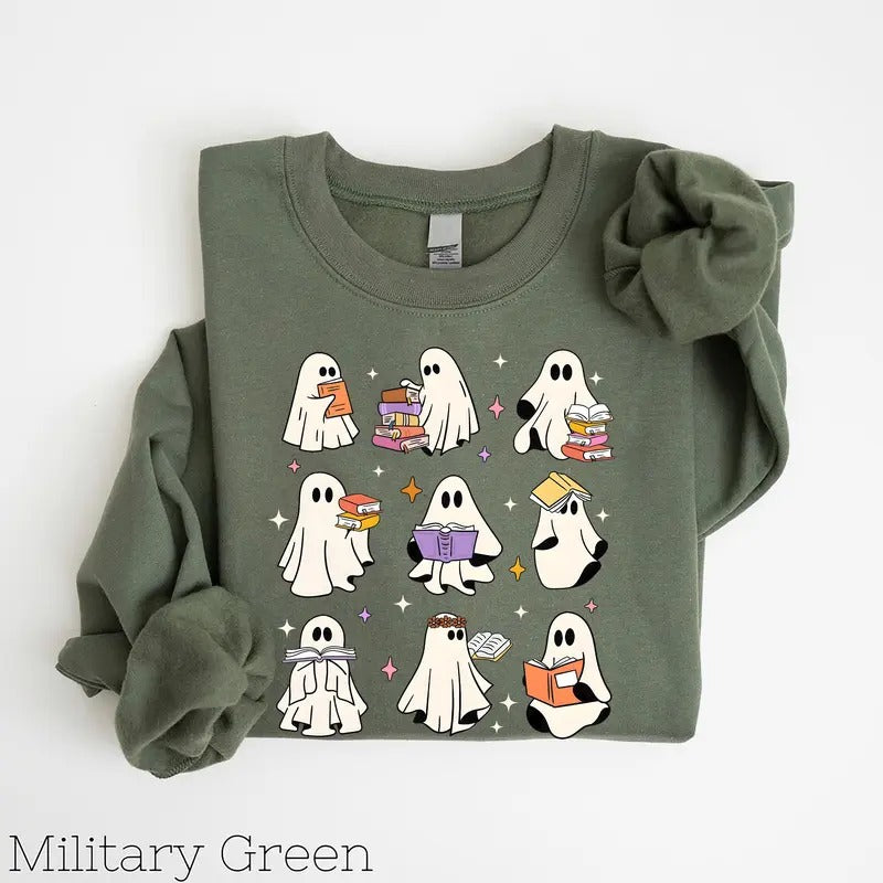 Ghost Reading Books Sweater, Bookish Halloween Sweatshirt, Halloween Teacher Gift, Librarian Halloween Hoodie, Ghost Reading Crewneck
