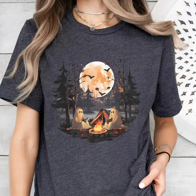 Ghost Reading Camping T-Shirt, Gothic Halloween Ghost Sweater, Ghost Reading Book T-Shirt, Halloween Ghost Tee Shirt, Camping Halloween Shirt, Spooky Season T-Shirt, Book Ghost Halloween Tee Shirt, Halloween Gift