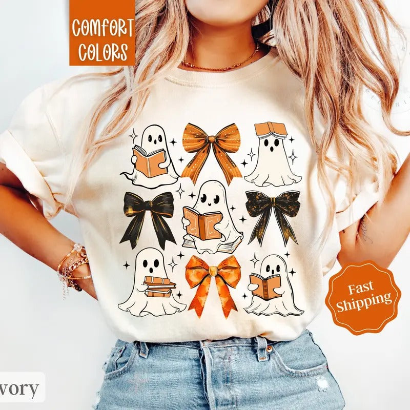 Ghost Reading Shirt Comfort Colors, Teacher Halloween Shirt, Librarian Shirt, Book Lover Tshirt, Reading Shirt, Teacher Shirt, Bookish Shirt