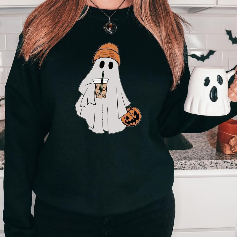 Ghost with Coffee Shirt, Cute Halloween Party Hoodie, Ice Coffee Lover Gift Sweatshirt, Spooky Season Sweater, Pumpkin Hoodie.