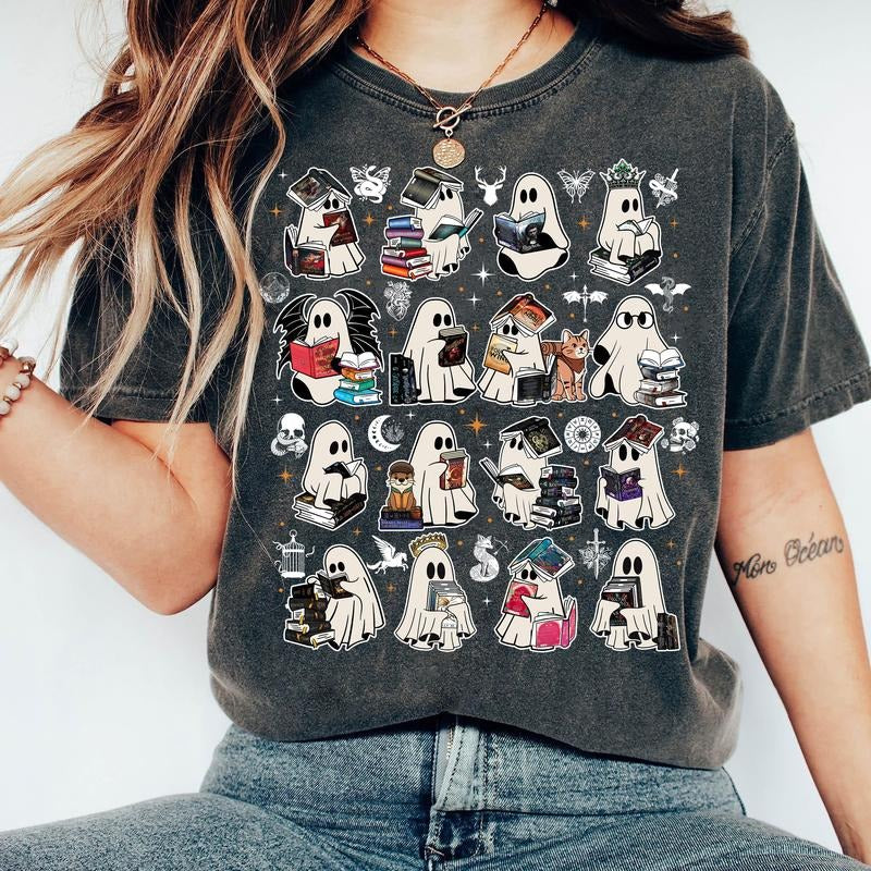 Ghosts Reading Romantasy Books T-Shirt, Fantasy Romance Sweatshirt, Book Lover Hoodie, ACOTAR T-Shirt, Fourth Wing, Zodiac Academy, Crescent City