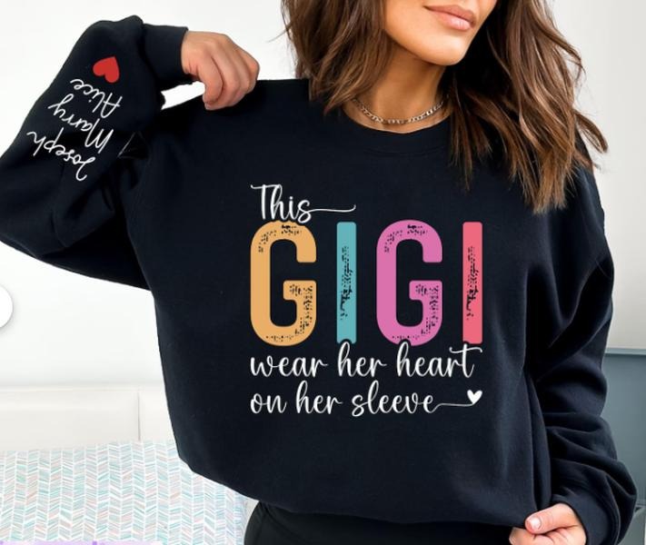 Gigi Sweatshirt with Kids Name Custom Design Unisex Fit Long Sleeve Casual Style 50% Cotton 50% Polyester Machine Washable USA - Pullover, Fabric
