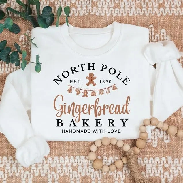 Gingerbread Bakery Christmas Sweatshirt, North Pole Sweater, Women Xmas Gift, Trendy Christmas Sweatshirts, Merry Christmas Sweatshirt, Winter Apparel