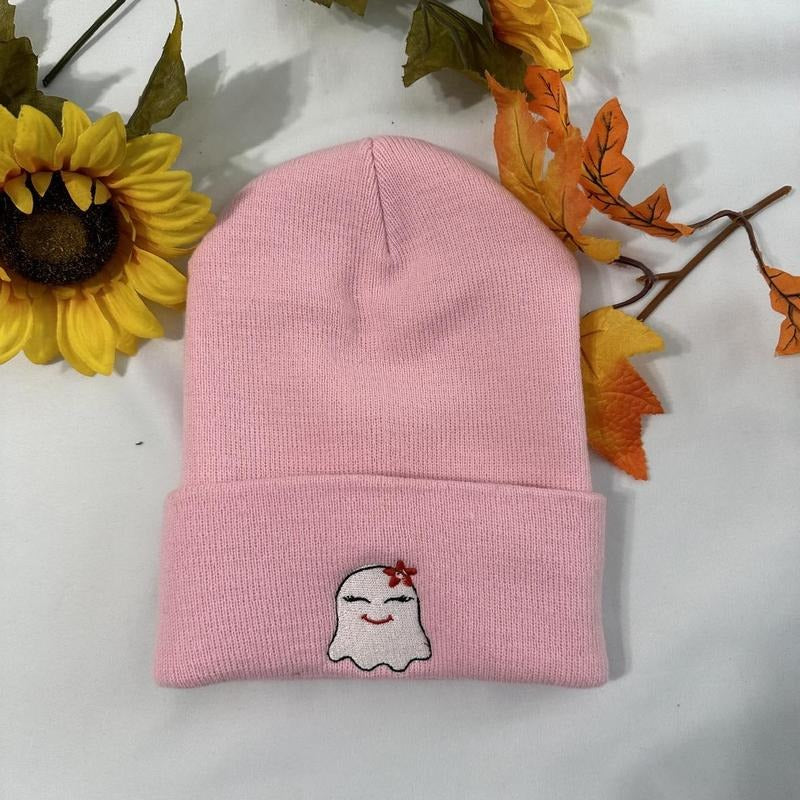Girl Ghost embroidered Beanie; Halloween embroidered Beanie Cotton Cotton Cotton