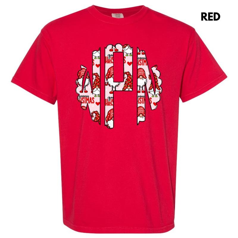 Gnome Christmas Monogram Comfort Colors T-Shirt 'NLB'