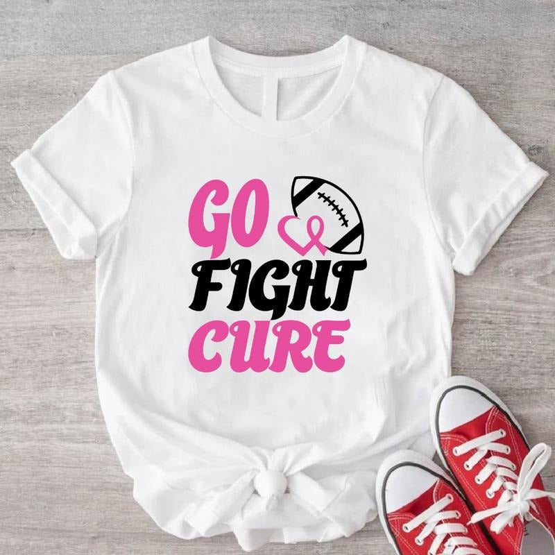 Go Fight Cure T-Shirt, Breast Cancer Awareness Shirt, Pink Ribbon Warrior Gift Tee, Football Lover Shirt For Woman
