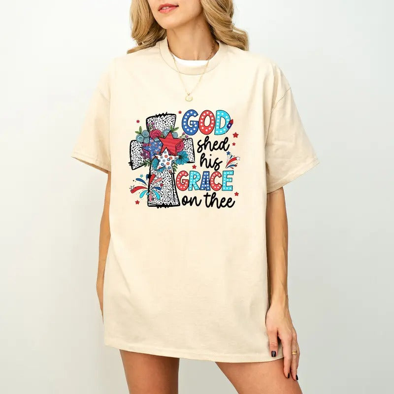God Shed His Grace On Thee Shirt, America Dalmatian Shirt, Independence Day Shirt, Christian Cross Indepence Day Shirt, USA Shirt, America Shirt