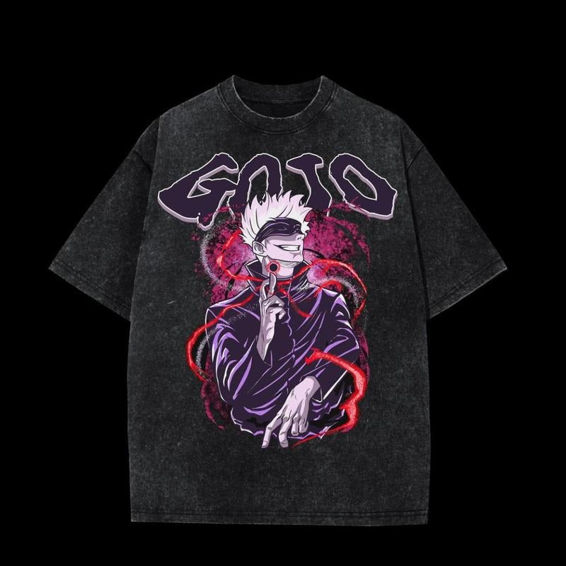 Gojo Acid-Washed Unisex Anime T-Shirt, Streetwear & Gym Style, JJK, One-Sided Design, Simple Style, Simple Look, Easy to Match