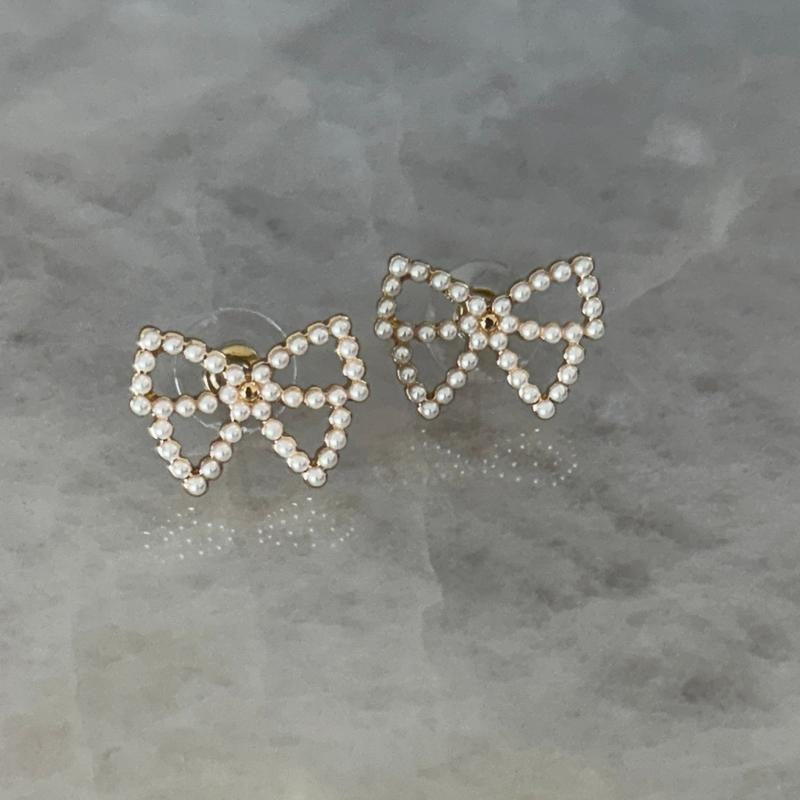 Gold Pearl Bow Stud Earrings