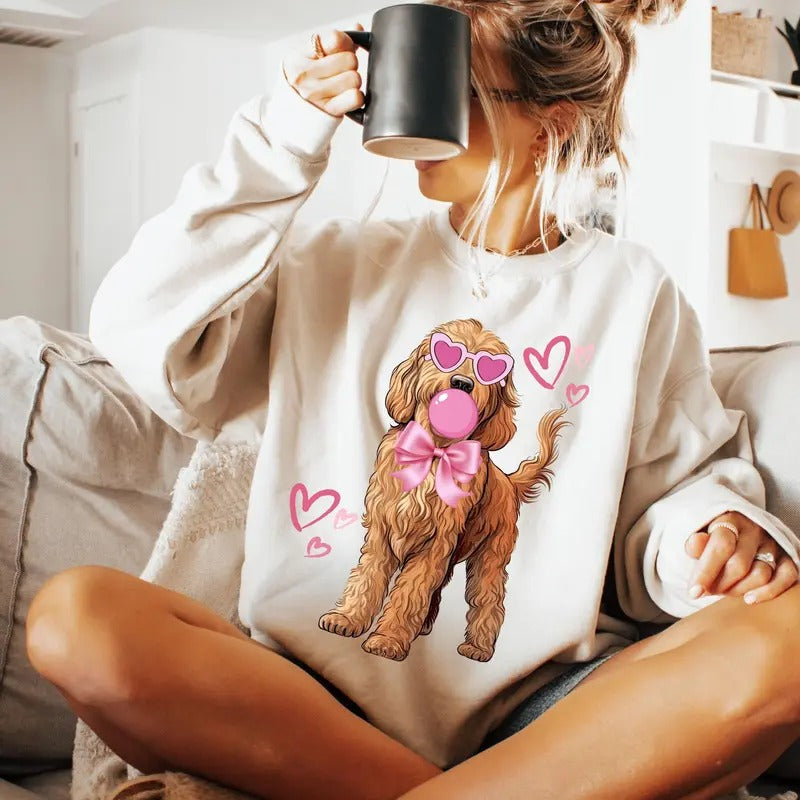 Goldendoodle Coquette Tshirt Sweatshirt, Doodle Mom Valentine Gift, Pink Coquette Dog Bow Valentines Shirt, Unisex Sweater Pullover Tee