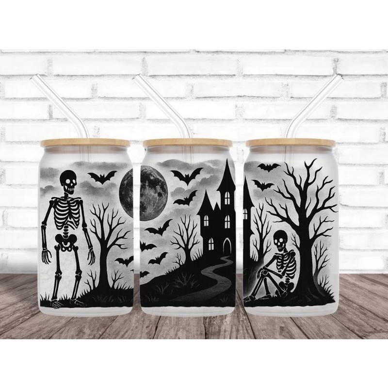 Gothic Skeleton & Haunted House Glass Can Tumbler | Frosted 16oz Halloween Cup