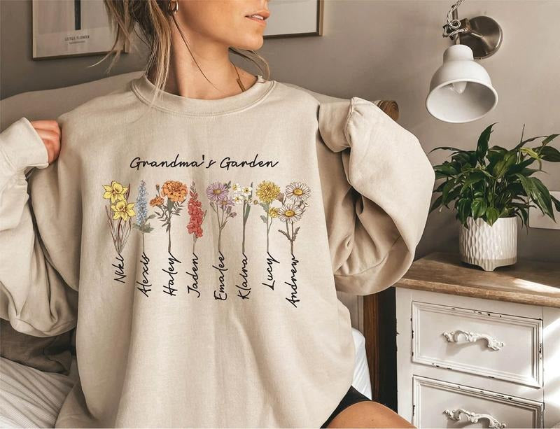Grandma's Garden Sweatshirt, Custom Birthflower Sweatshirt, Gift for Grandma, Love Grows Here, Mom's Garden