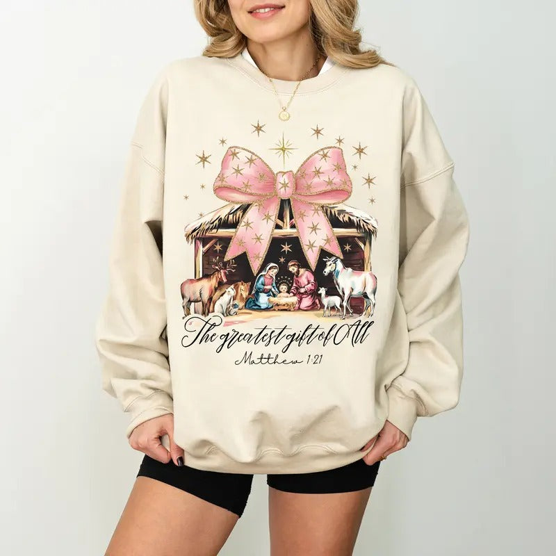 Greatest Gift of all Sweatshirt, Bow Nativity Coquette Shirt, Christmas Faith Jesus Nativity Shirt, Christian Christmas Gift