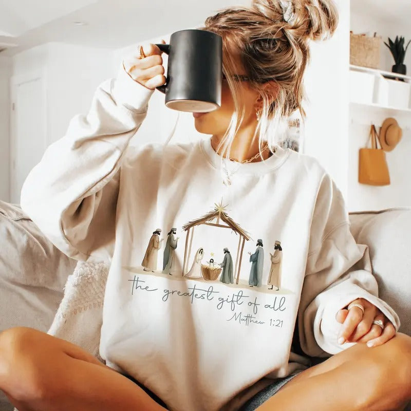 Greatestt Gift Of All Tshirt Sweatshirt, Bow Nativity Coquette Christmas Shirt, Christmas Bow, Unisex Sweater Pullover Tee