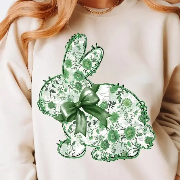 Green Floral Bunny DTF Transfers - THIS IS NOT A SHIRT