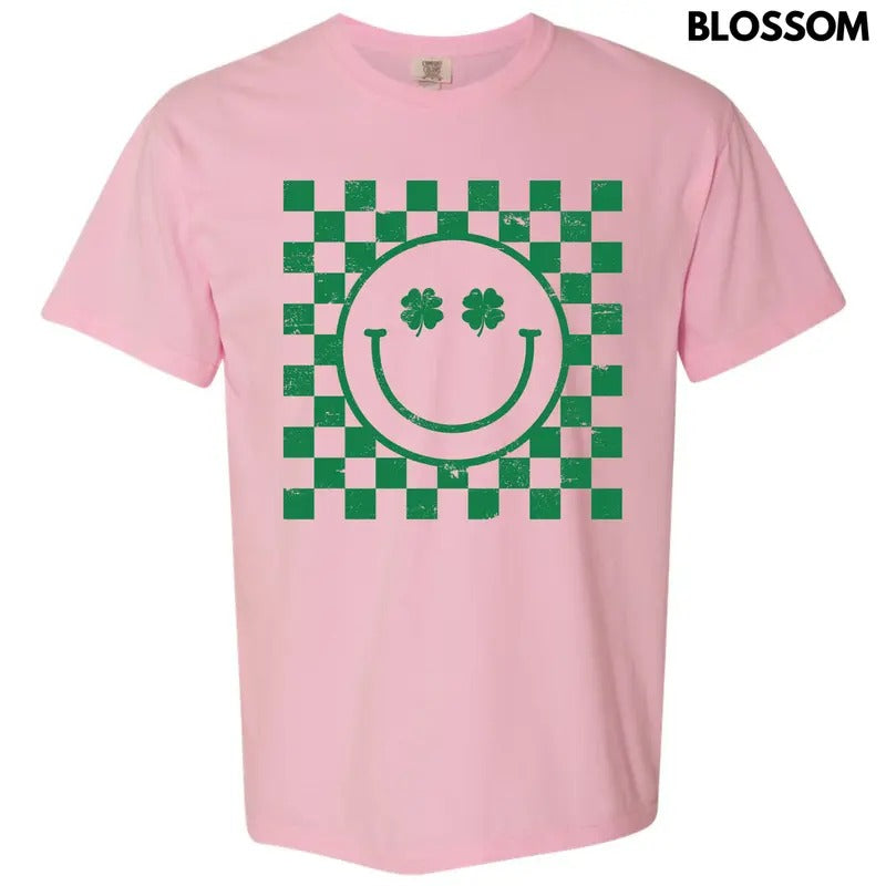 Green Shamrock Checker Happy Face Comfort Colors T-Shirt 'NLB'