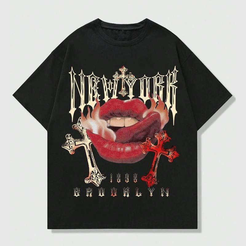 Grunge Punk Cross Lips Y2k Graphic Print T-Shirt Top Tee Streetwear Oversized