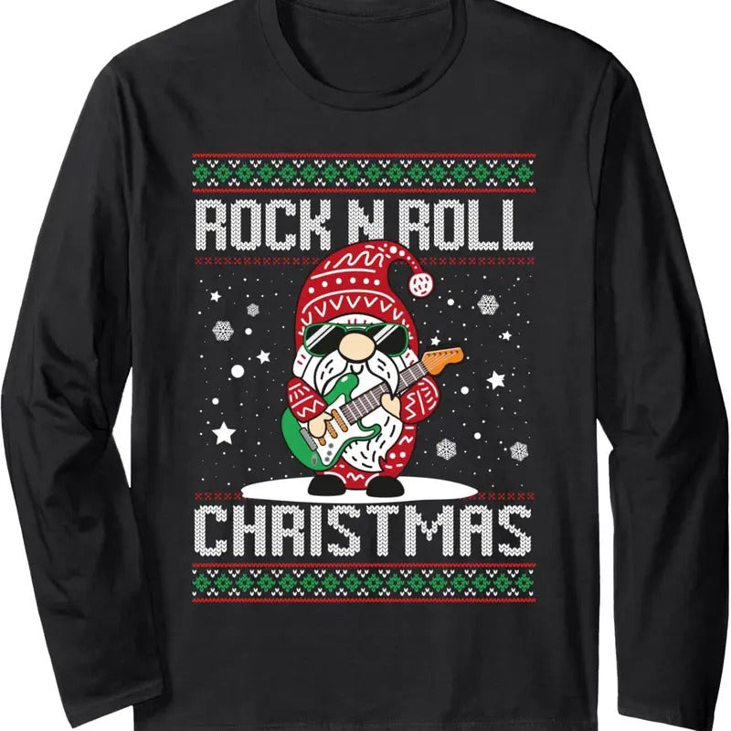 Guitarist Santa Gnome Guitar Rock n Roll Xmas Ugly Christmas Long Sleeve T-Shirt