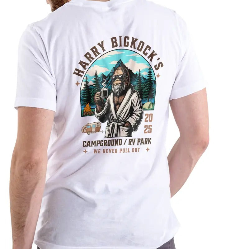 HARRY'S CAMPGROUND AND RV PARK T Shirt, Unisex. Cotton, funny shirt, Bigfoot Menswear Soft Stylish Top