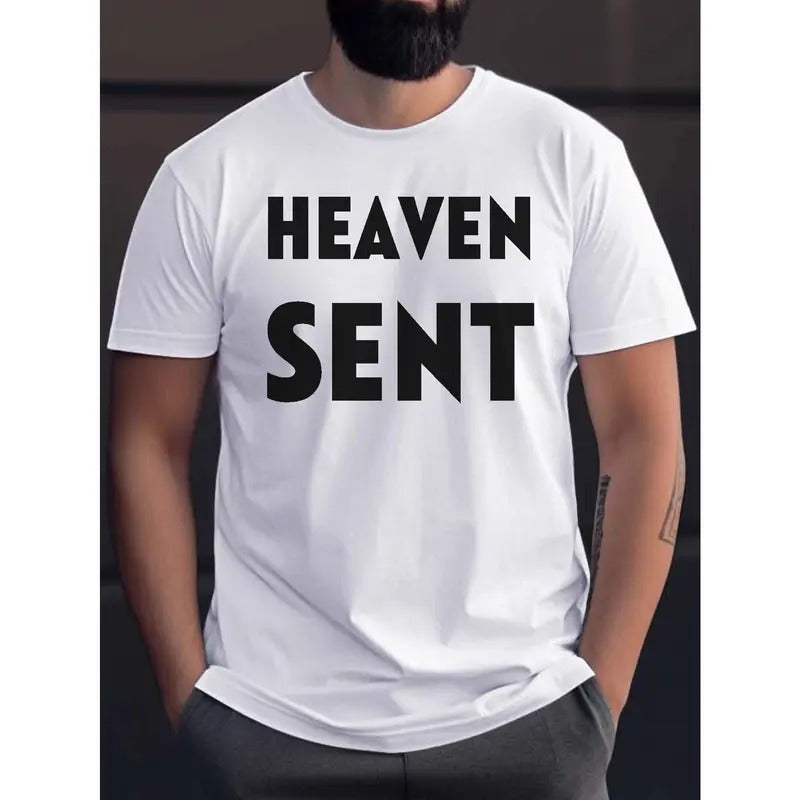 HEAVEN SENT Print T Shirt, Tees For Men, Casual Short Sleeve T-shirt For Summer Made in USA
