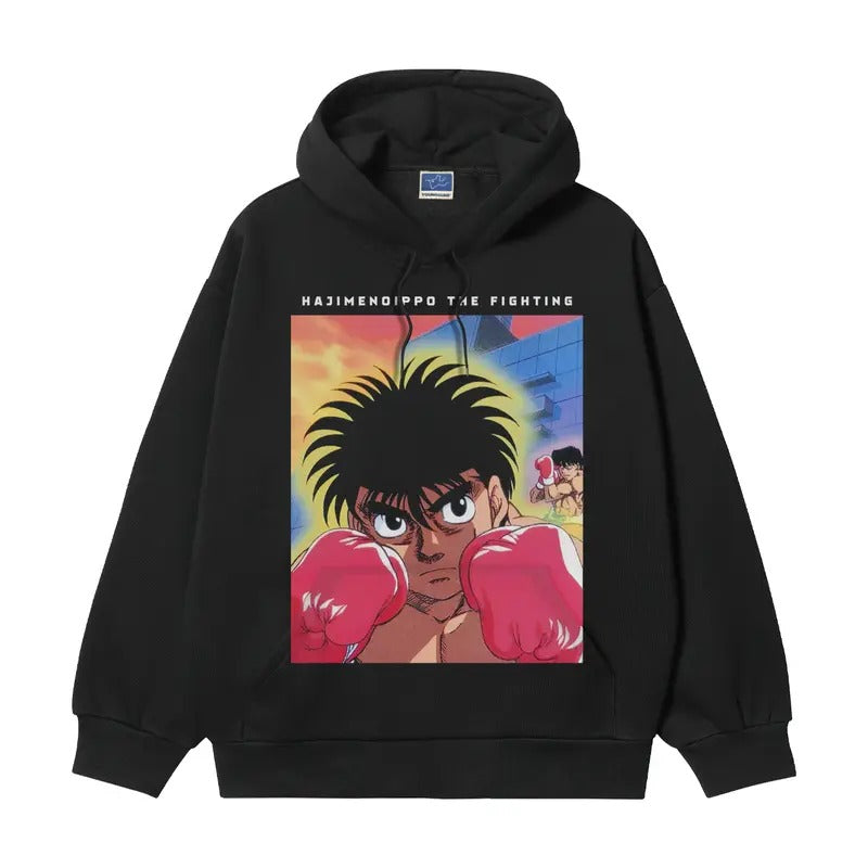 Hajime no Ippo "Makunouchi Ippo" Heavyweight Vintage Hoodie Cotton Blend Classic Anime Sweatshirt Menswear Tops Pullover Long Sleeve Casual Oversize Black Oversized