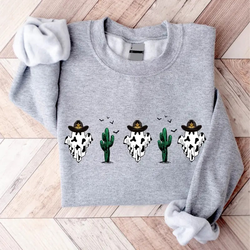 Halloween Cow Sweatshirt, Funny Ghost Halloween Hoodie, Unisex Western Halloween Gift Sweatshirt, Matching Cowboy Sweater, Spooky Season Long Sleeve.