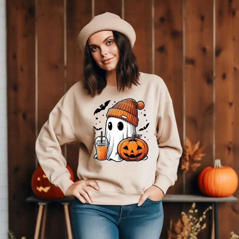 Halloween Funny Cute Ghost Pumpkin Fall Spooky Season Unisex Sweatshirt Cotton Printed