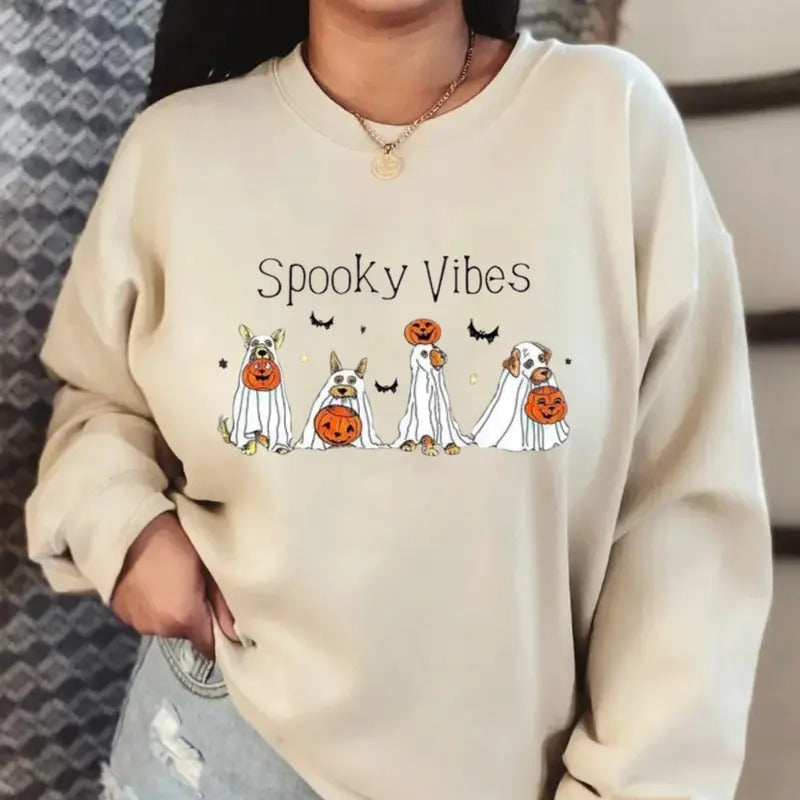 Halloween Ghost Dog Sweatshirt, Spooky Vibes Sweatshirt, Halloween Shirts, Spooky Shirt, Halloween Gift Tees, Sarcastic Shirts, Boo Crew, Unisex Long Sleeve Crewneck Shirt Womenswear Sweaters