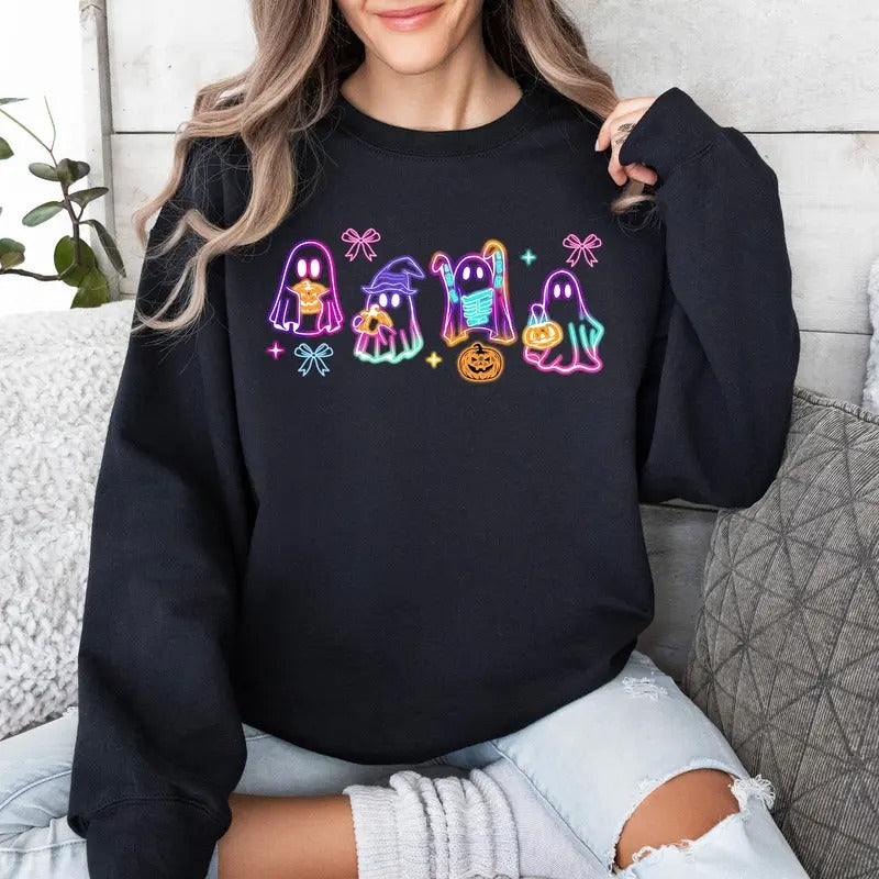 Halloween Ghost Neon Sweatshirt, Coquette Bow Girls Shirt, Neon Spooky Ghosts Sweater, Spooky Season Women T-Shirt