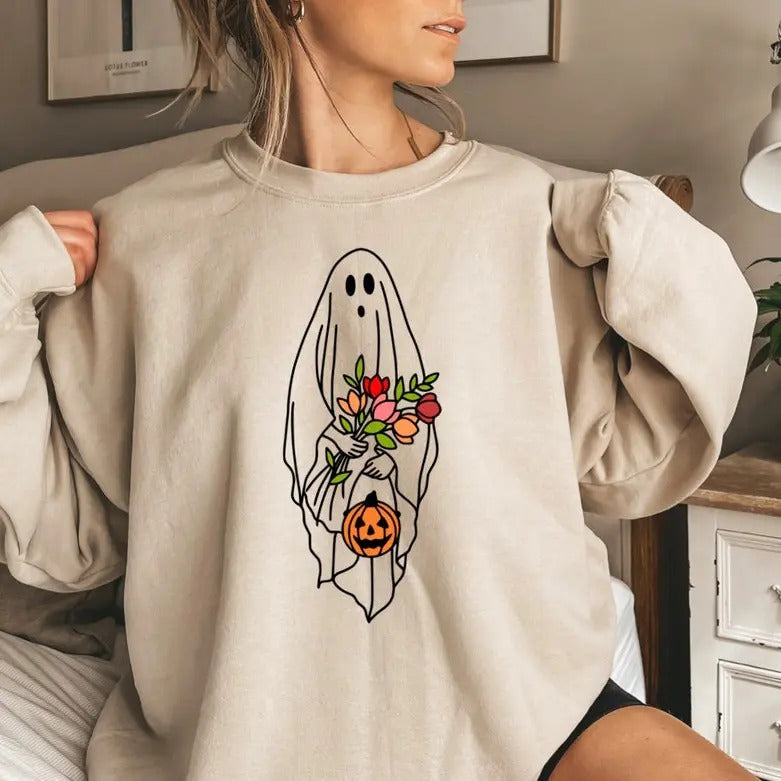 Halloween Ghost Shirt, Halloween Party Sweatshirt, Floral Ghost Hoodie, Autumn Shirt, Trick or Treat Tee Casual Cotton