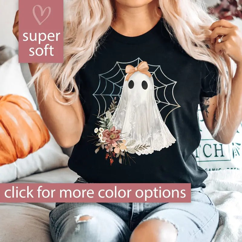 Halloween Ghost Shirt, Lace Ghost Tshirt for Women, Girly Ghost T Shirt Gift for Her, Coquette Ghost Halloween T-Shirt, Cute Lacey Ghost Tee