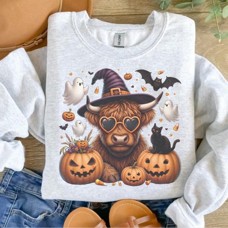 Halloween Highland Cow Sweatshirt - Ash Grey - Halloween Sweatshirt
