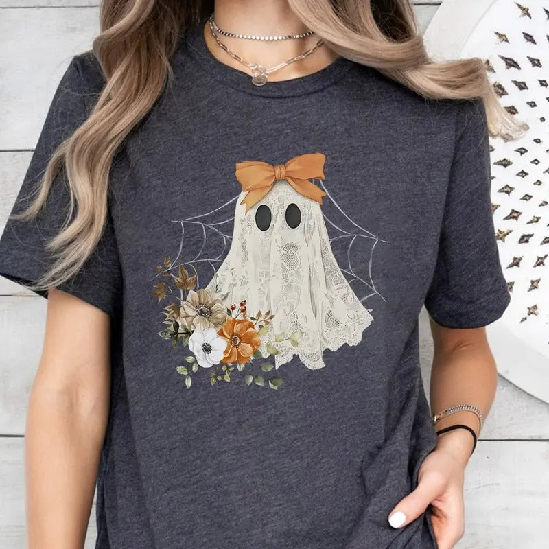 Halloween Lace Ghost T-Shirt, Spooky Coquette T-Shirt, Girly Ghost Lacey Ghost T-Shirt, Spooky Season T-Shirt, Ghost Floral Halloween Mama, Sublimation