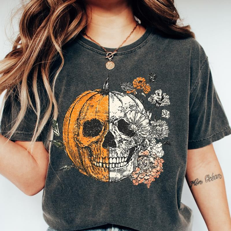Halloween Skellie Jack O Lantern Shirt - Unisex Casual 100% Ring-Spun Cotton T-Shirt for Women, Relaxed Fit, Garment-Dyed, Twill-Taped Neck