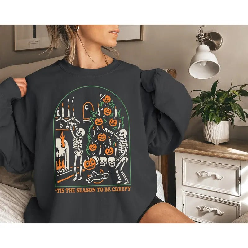 Halloween Sweatshirt, Tis the Season to be Creepy Sweatshirt, Dead Inside Sweater, Skeleton Hoodie, Funny Spooky Hoodie