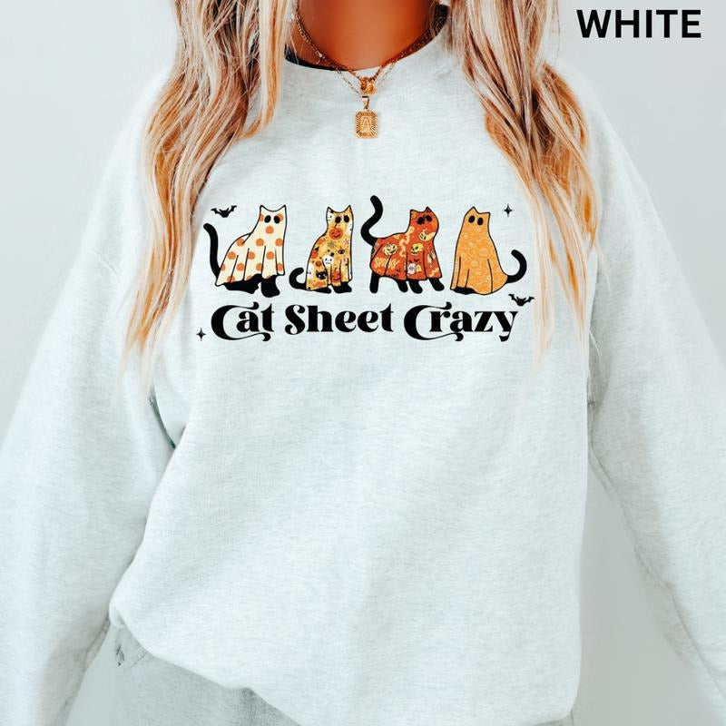 Halloween Sweatshirt, Womens Halloween Cat Sweatshirt, Cat Sheet Crazy Crewneck, Cats Sweatshirt, Oversized Halloween Graphic Crewneck, Cotton Pullover Spooky Season Sweater