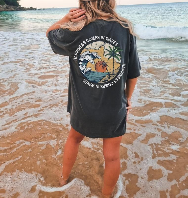 Happiness Comes in Waves Tee, Summer Graphic Tee, BeachT-shirt, Boho Tee, Vintage Inspired Cotton T-shirt, Unisex Tee, Beach Tshirt, Summer ShirtTee
