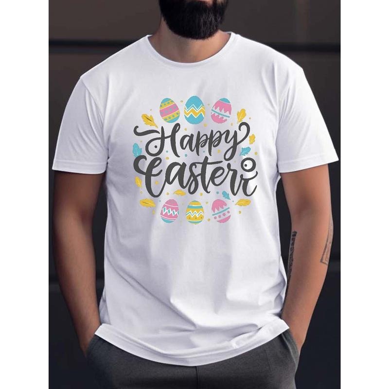 Happy Easter Print T Shirt, Tees For Men, Casual Short Sleeve T-shirt For Summer Made in USA
